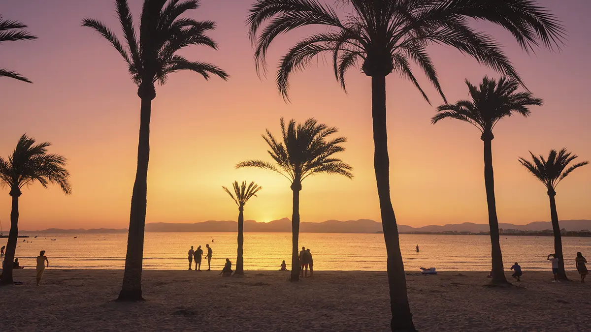 Gente en la playa viendo la puesta de sol